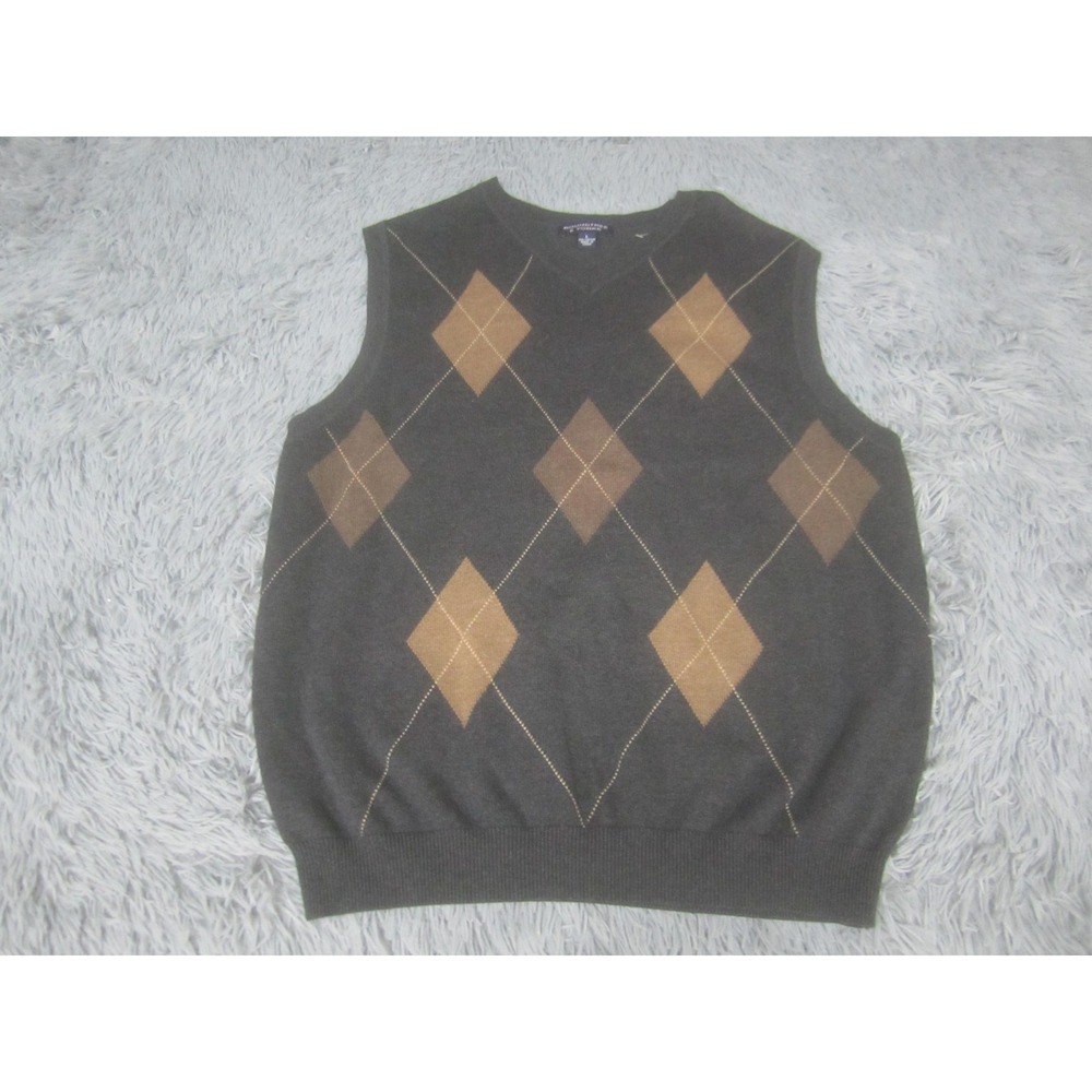 Roundtree & Yorke Sweater Vest Mens Large Gray Argyle V Neck Cotton Knit